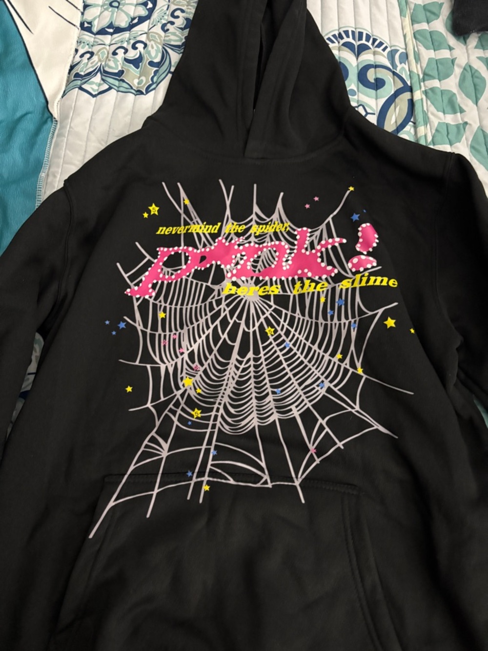 Black Graphic Hoodie with Pink "peak" Script and Spiderweb Design